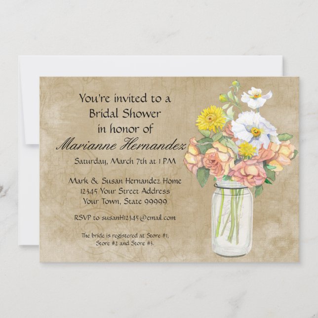 Rustic Country Mason Jar Bouquet Crackle Swirls Invitation (Front)