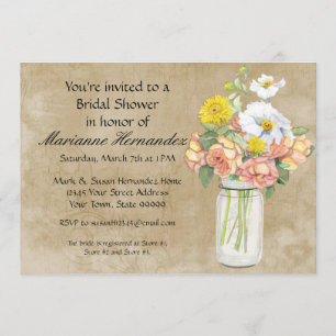 Rustic Country Mason Jar Bouquet Crackle Swirls Invitation