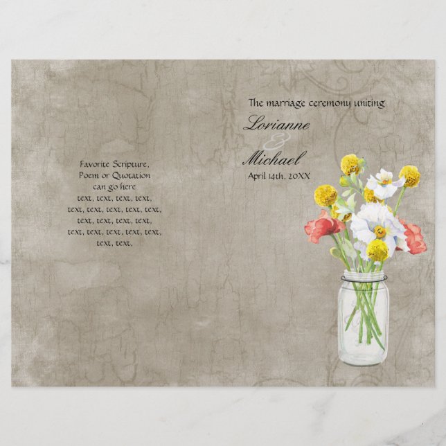 Rustic Country Mason Jar Bouquet Wedding Program (Front)