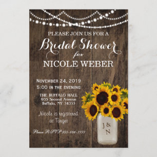 Rustic Country Mason Jar Bridal Shower Sunflower Invitation