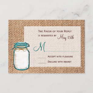 Rustic Country Mason Jar Burlap Wedding RSVP Cards