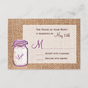 Rustic Country Mason Jar Burlap Wedding RSVP Cards