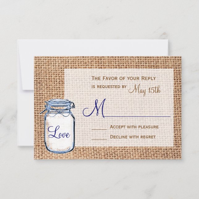 Rustic Country Mason Jar Burlap Wedding RSVP Cards (Front)