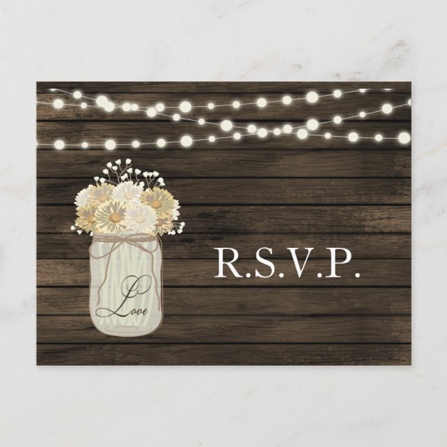 Rustic Country Mason Jar Daisy Barn Wood Wedding Invitation Postcard (Front)