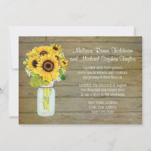 Rustic Country Mason Jar Flowers Sunflower Hanging Invitation
