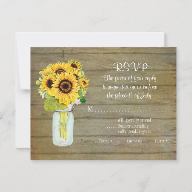 Rustic Country Mason Jar Flowers Sunflower RSVP Card (Front)