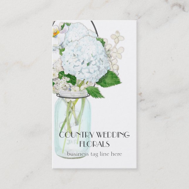 Rustic Country Mason Jar Flowers White Hydrangeas Business Card (Front)