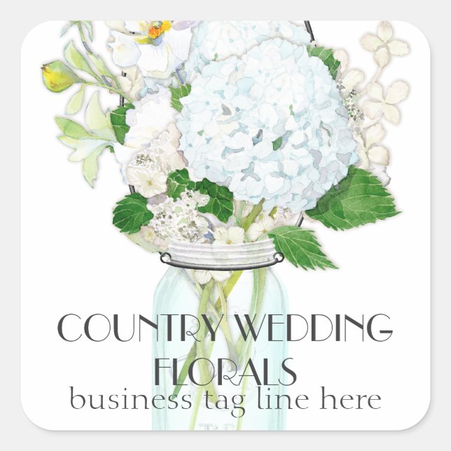 Rustic Country Mason Jar Flowers White Hydrangeas Square Sticker (Front)