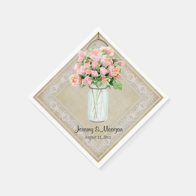 Rustic Country Mason Jar Handkerchief Blush Roses Napkin (Corner)