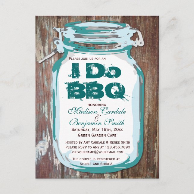 Rustic Country Mason Jar I Do BBQ Postcards (Front)