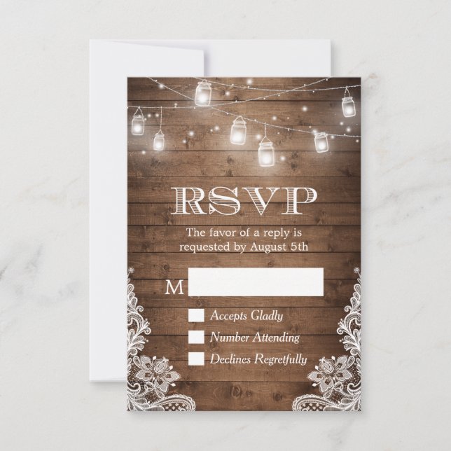 Rustic Country Mason Jar Lights Lace Wood RSVP Card (Front)