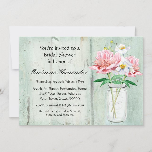 Rustic Country Mason Jar Peony Poppy Bouquet Pink Invitation (Front)