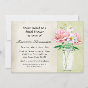 Rustic Country Mason Jar Peony Poppy Bouquet Pink Invitation