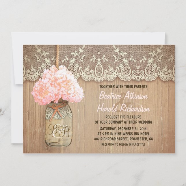 rustic country mason jar pink hydrangea wedding invitation (Front)