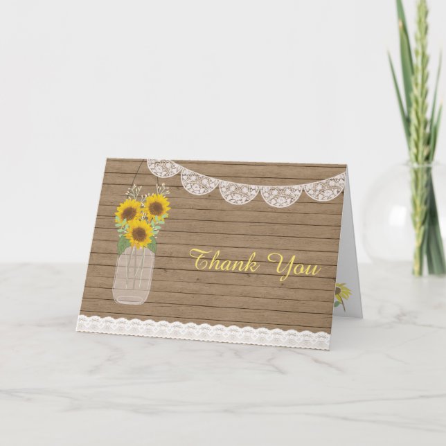Rustic Country Mason Jar Sunflower Wedding Thank You Card (Front)