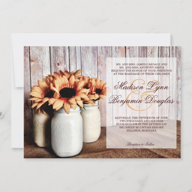 Rustic Country Mason Jar Sunflowers Wedding Invite (Front)