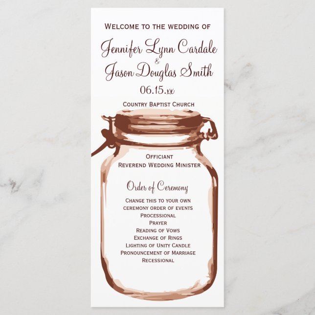 Rustic Country Mason Jar Wedding Program No Ushers (Front)