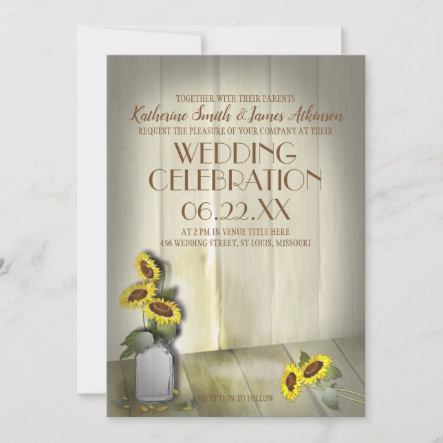 RUSTIC COUNTRY MASON JAR WITH SUNFLOWERS INVITATION (Front)