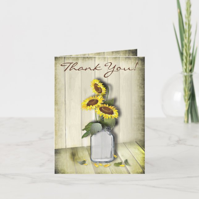 RUSTIC COUNTRY MASON JAR WITH SUNFLOWERS THANK YOU CARD (Front)