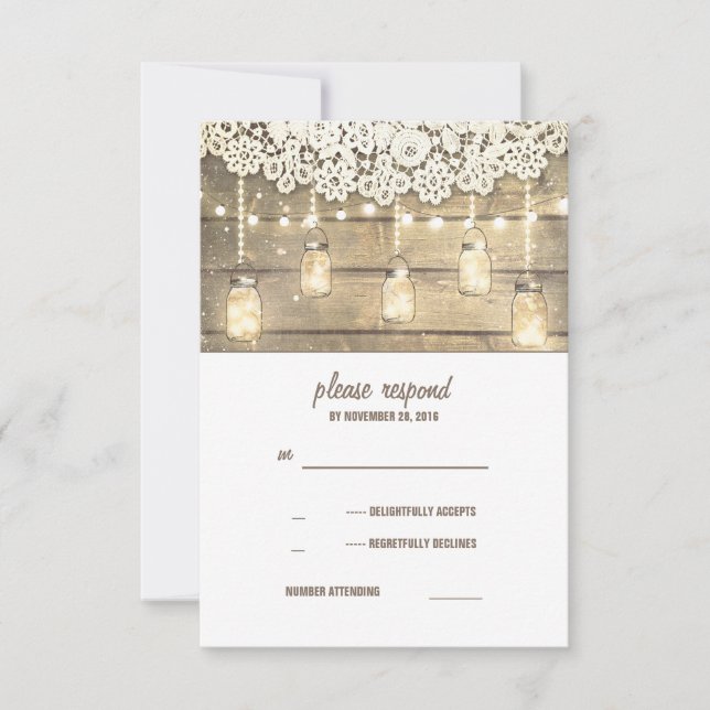 Rustic Country Mason Jars Lights Lace Wood RSVP Card (Front)