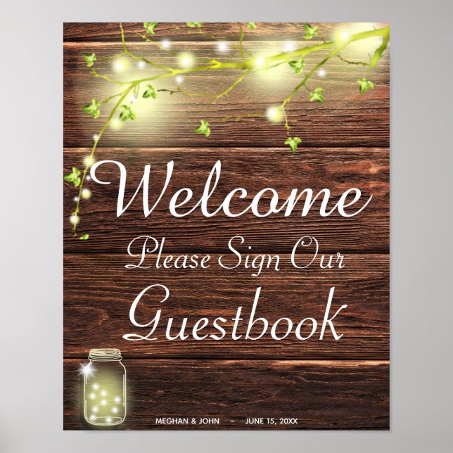 Rustic Country Mason String Lights Guestbook Sign (Front)