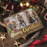 Rustic Country Merry Christmas Photo Foil Holiday Card<br><div class="desc">Country style christmas foil holiday card featuring a rustic wood background,  a collage of 3 photos for you to personalise,  festive holly,  a snow shower,  the words "merry christmas" in a calligraphy real gold foil typeface,  your family name,  and the year.</div>