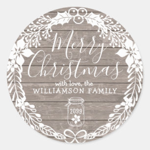 Rustic Country Merry Christmas White Holly Wreath Classic Round Sticker