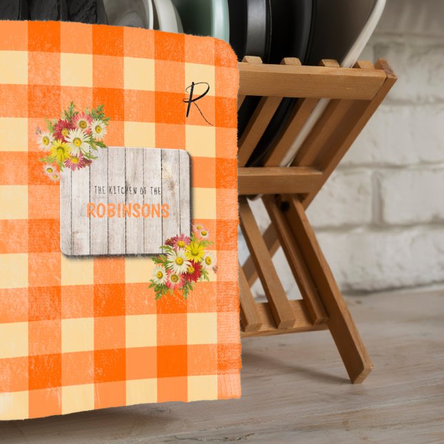 Rustic country monogram family name orange gingham tea towel (Creator Uploaded)
