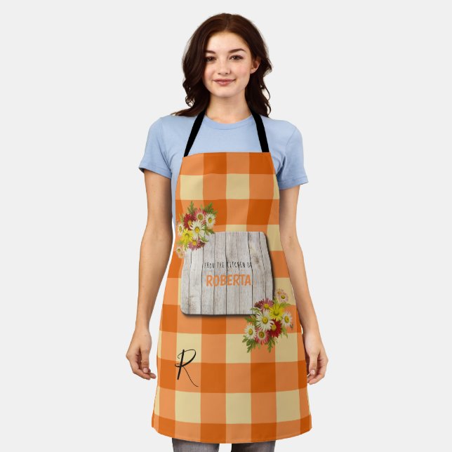 Rustic country monogrammed orange gingham apron (Worn)