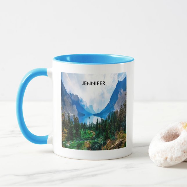 Rustic Country Mountains Nature Scene Photography Mug (With Donut)
