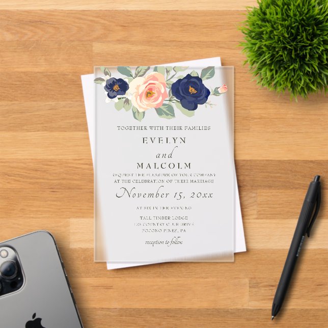 Rustic Country Navy Blue and Peach Floral Wedding Acrylic Invitations (Insitu (Invitation Card))