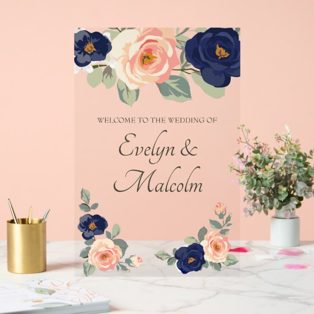 Rustic Country Navy Blue and Peach Floral Wedding Acrylic Sign (Wedding)