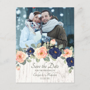 Rustic Country Navy Blue and Peach Floral Wedding Invitation