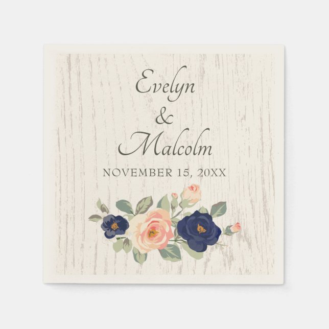 Rustic Country Navy Blue and Peach Floral Wedding Napkin (Front)
