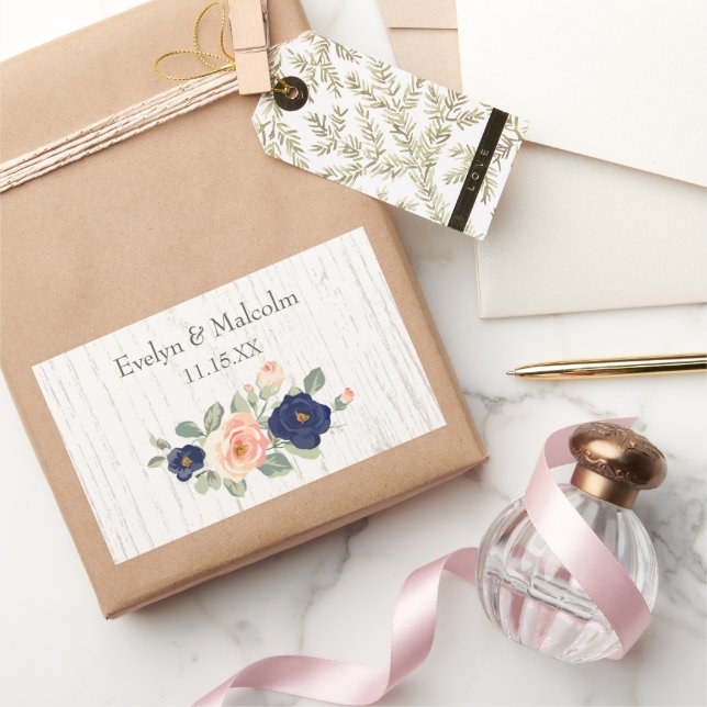 Rustic Country Navy Blue and Peach Floral Wedding  Rectangular Sticker (Gifting)