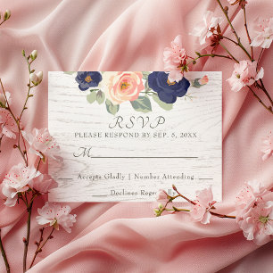 Rustic Country Navy Blue and Peach Floral Wedding RSVP Card