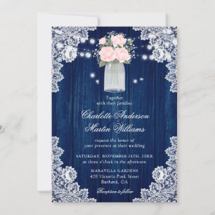Rustic Country Navy Blue Blush Wood Lace Wedding Invitation