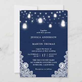 Rustic Country Navy Blue Mason Jar Lights Wedding Invitation