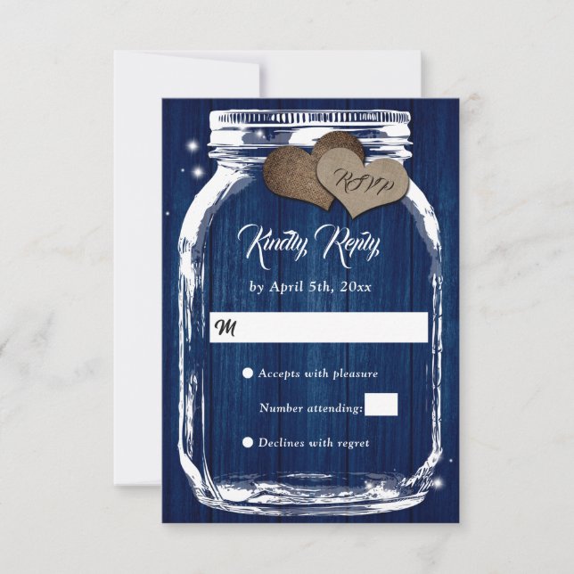 Rustic Country Navy Blue Mason Jar Wedding RSVP (Front)