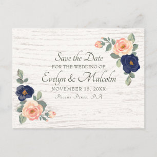 Rustic Country Navy Blue, Peach Floral Wedding STD Announcement Postcard