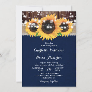 Rustic Country Navy Blue Sunflower Barn Wedding Invitation