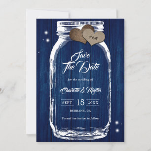 Rustic Country Navy Blue Wood Mason Jar Wedding Save The Date