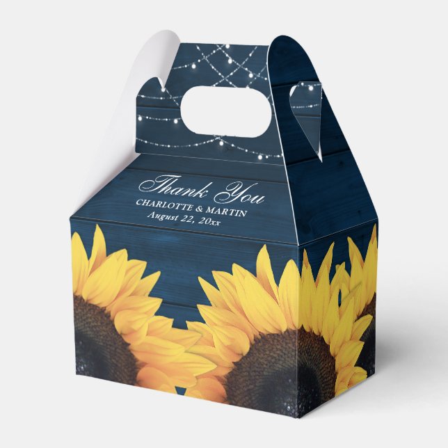 Rustic Country Navy Blue Wood Sunflower Wedding Favour Box (Front Side)