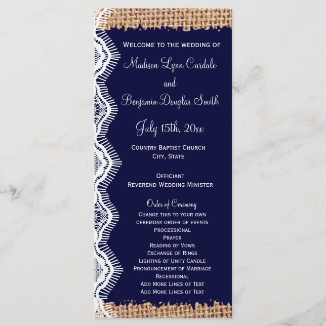 Rustic Country Navy Burlap Print Wedding Programs (Front)