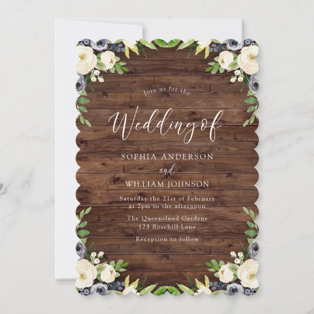 Rustic Country Navy & White Floral Wreath Wedding Invitation (Front)