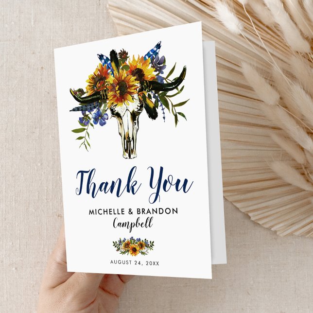 Rustic Country Navy Yellow Boho Wedding Thank You Card (Creator Uploaded)