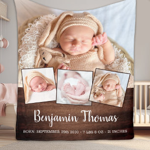 Rustic Country New Baby Personalised Photo Collage Fleece Blanket
