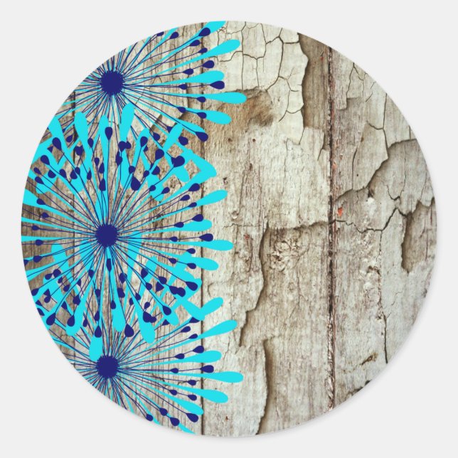 Rustic Country Old Barn Wood Teal Blue Flowers Classic Round Sticker (Front)