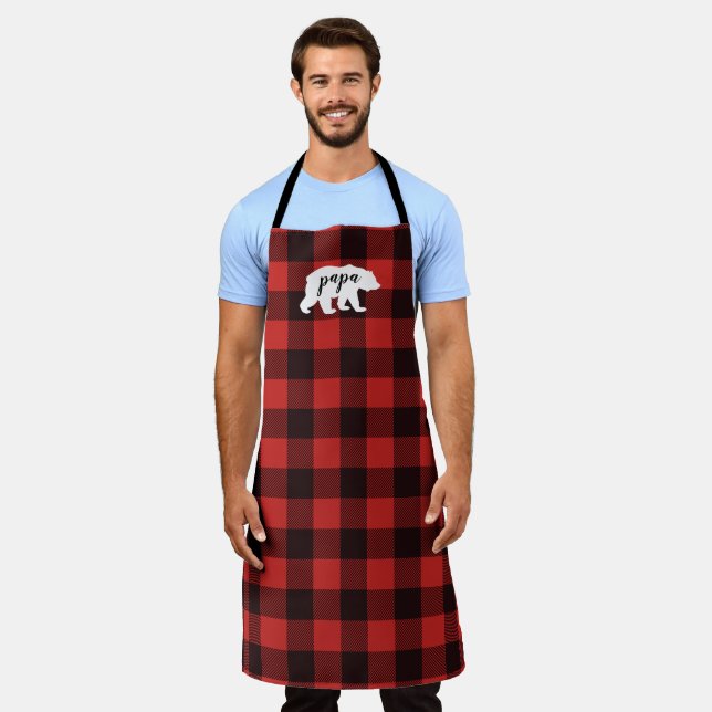 Rustic Country Papa Bear Red & Black Plaid Apron (Worn)