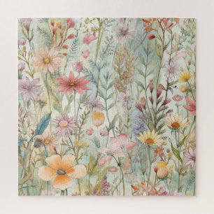 Rustic Country Pastel Wildflowers Sage Green  Jigsaw Puzzle
